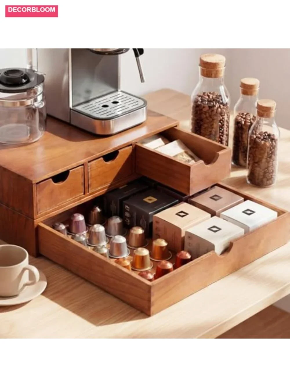 Double Layer Wood Coffee Pod Organizer Drawer Detachable Storage Box 3 Drawers